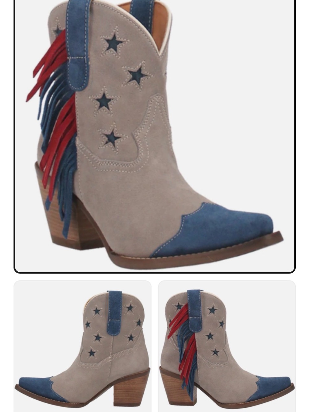 dingo Taupe Suede Western Ankle Boots with Blue & Red Fringe